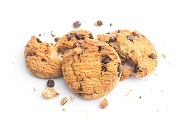 homemade chocolate chips cookies on white background in top view