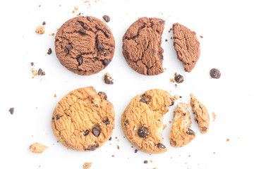 homemade chocolate chips cookies on white background in top view