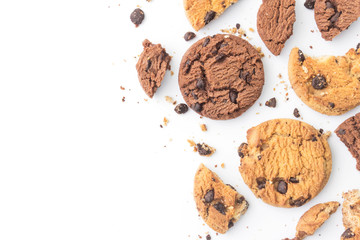 homemade chocolate chips cookies on white background in top view