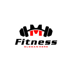 Letter M Logo With barbell. Fitness Gym logo. fitness vector logo design for gym and fitness.
