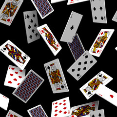 Falling playing cards seamless pattern isolated on black backgroun