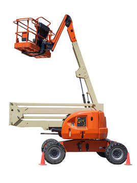 Isolated Orange And Cream Colored Hydraulic Cherry Picker.