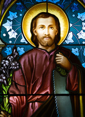 Kosice, Slovakia. 2019/7/4. A stained-glass window depicting Saint Joseph. Displayed in the Roman...