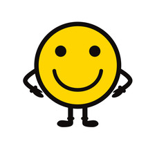 smile icon. Happy smiley face with arms and legs. Smiling Emoticon. Yellow vector symbol. 
