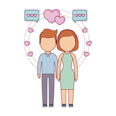 young couple lovers with speech bubbles and hearts