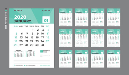 Desk Calendar 2020 template,  Week Starts on Sunday. Set of 12 Months. planner template. green background. vertical page vector Eps10.