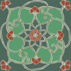 Orange, gold, and green seamless floral pattern. Hand-drawn and inspired by art-nouveau ceramics. You can enjoy this seamless pattern on packaging, wallpaper, backgrounds, or any way you like it!