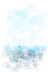 東京風景 Tokyo city skyline , Japan. Illustration of watercolor painting style.