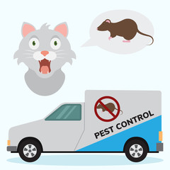 Pest control service car with mouse sign and cats head vector illustration. Getting rid of mice and different pests control service on white background.
