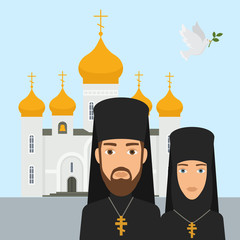 Orthodox christianity religion vector illustration. Priest and nun with cross and orthodox christianity white church and golden top. Faith in God, Christianity, Orthodoxy.
