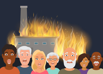 House on fire and scared faces vector illustration. Burning building at night. Flame accident. Fire caused by carelessness. Scared eldery and young peoples faces, caucasian and africans.