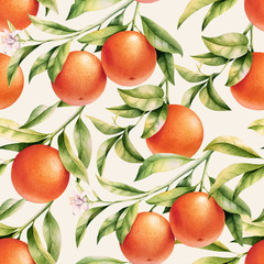 Oranges on a branch seamless background. Vintage watercolor pattern of citrus leaves, fruit and blossoms.