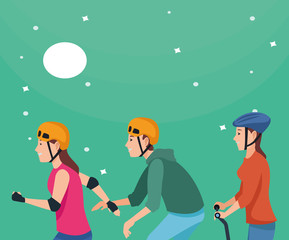 People with scooter and skateboard