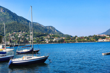 Fototapeta na wymiar Parked yachts on lake Como