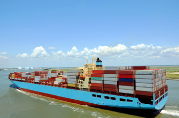  Cargo container ship entering port of Savannah, Georgia.