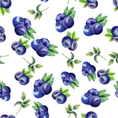 Seamless pattern with ripe blueberries on white isolated background. Watercolor illustration.