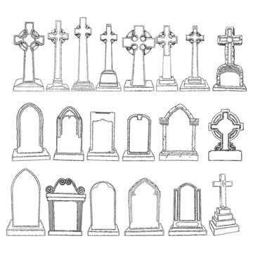 Set of tomb stone drawing. Grave for dead as Halloween tombstones prop. Hand drawn gravestone. Vector.