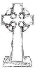 Old marble stone Christ cross hand drawing. Sketch symbol of Jesus, death, cemetery, Christianity, religion, faith and resurrection. Drawn isolated illustration on white background. Vector.