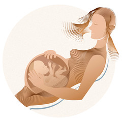 Loving mother, mommy taking care of the growing fetus in her belly. Obstetrics, Fertility, Prenatal Conceptual Illustration. White back, isolated.