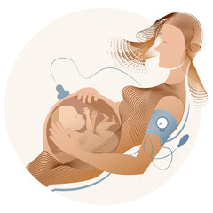 Loving mother, mommy taking care of the growing fetus in her belly. Obstetrics, Fertility, Prenatal Conceptual Illustration. White back, isolated.
