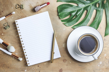 Office desk with hot coffee and plant, Business desk minimal style concept