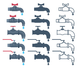 Faucet icon. Water valve silhouette. Tap with water drop sign outline. Vector