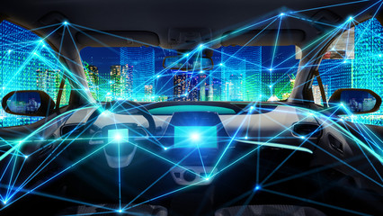 Interior of autonomous car. Driverless vehicle. Self driving. UGV. Advanced driver assistant system.