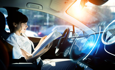 Interior of an autonomous car. Driverless vehicle. Futuristic transportation.