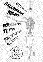 Halloween vertical background with skeletons dancing DAB. Flyer or invitation template for Halloween party and night. Handwritten calligraphy greetings, dance of the dead all night. Vector.