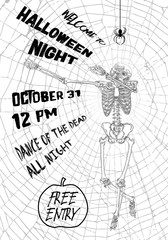 Obraz premium Halloween vertical background with skeletons dancing DAB. Flyer or invitation template for Halloween party and night. Handwritten calligraphy greetings, dance of the dead all night. Vector.