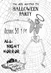 Halloween vertical background with skeletons dancing DAB. Flyer or invitation template for Halloween party and night. Handwritten calligraphy greetings, dance of the dead all night. Vector.