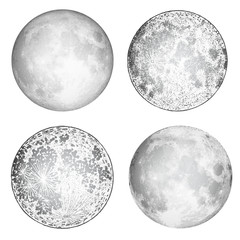 Set of realistic full moon and moon stipple drawing. Vintage engraving astrology or astronomy design. Vector.