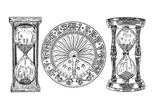 Set Of Sundial Or Sun Clock And Hourglass Or Sand Clock Drawing. Hand Drawn And Isolated. Vector