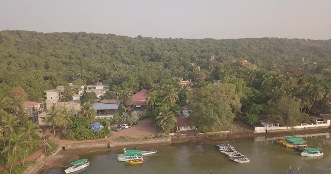 Drone shot flying over beautiful architectural buildings