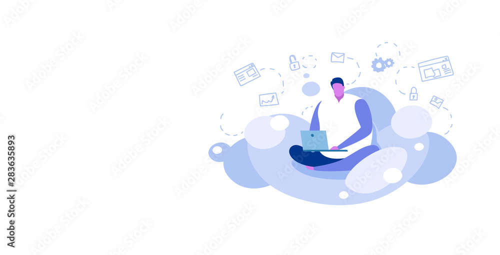 Poster man sitting lotus pose using laptop guy downloading content from cloud server online data synchroniz