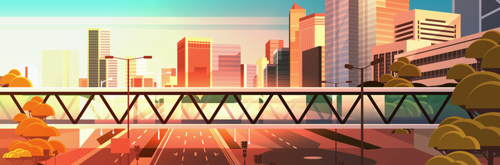 footbridge over highway asphalt road with marking arrows traffic signs city skyline modern skyscrapers cityscape sunset background flat horizontal