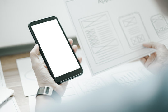 Mockup image of ux graphic designer creative smartphone application process development interface for web mobile phone, mockup concept