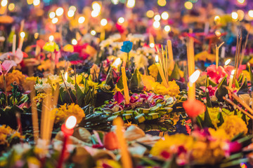 Loy Krathong festival, People buy flowers and candle to light and float on water to celebrate the Loy Krathong festival in Thailand