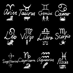 Zodiac 12 signs Capricorn Aquarius Pisces Aries Taurus Gemini Cancer Leo Virgo Libra Scorpio Sagittarius icons and name hand writing lettering calligraphy,  hand drawn symbols. Vector.