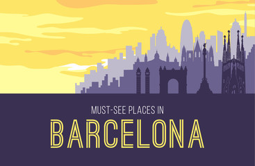 Placard with famous Barcelona city scape. - obrazy, fototapety, plakaty
