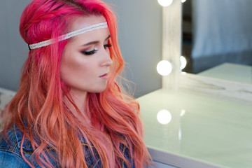 Amazing free mallow pink color for trendy hairstyle hippie girl. Bohemian, bo-ho style. Space for...