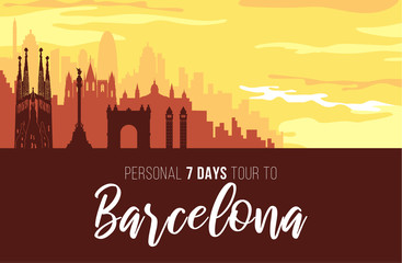 Placard with famous Barcelona city scape.
