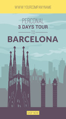 Naklejka premium Placard with famous Barcelona city scape.