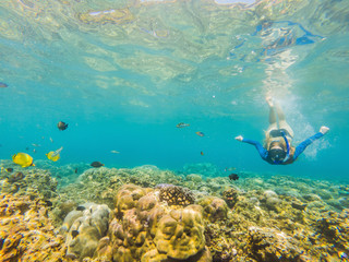 Happy woman in snorkeling mask dive underwater with tropical fishes in coral reef sea pool. Travel...