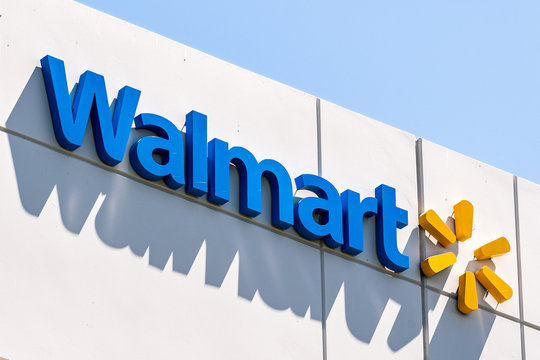 August 12, 2019 Sunnyvale / CA / USA - Close up of Walmart sign displayed at their Walmart Labs offices; WalmartLabs is a subsidiary of Walmart focusing on eCommerce and other technology related areas