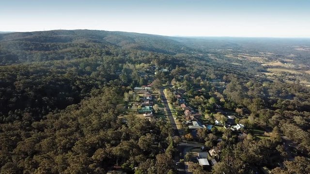 Aerial view over Bowen Mountain village with Kurrajong farmland and Blue Mountains foothills