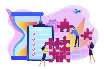 Project management. Business process and planning, workflow organization. Colleagues working together, teamwork. Project delivery concept. Bright vibrant violet vector isolated illustration