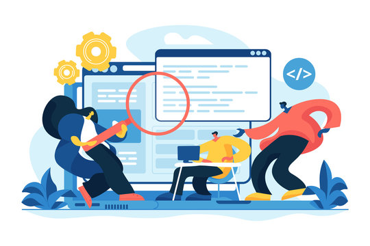 Software and application development. Web design. Program optimization. Front end developer, website interface, coding and programming concept. Vector isolated concept creative illustration