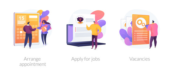 Recruitment interview. Work position sourcing. Employment website. Business recruiting. Arrange appointment, apply for jobs, vacancies metaphors. Vector isolated concept metaphor illustrations