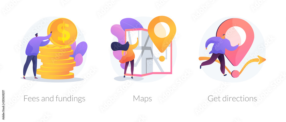 Sticker GPS navigation service application. Business investment and money savings cliparts set. Fees and funding, maps, get directions metaphors. Vector isolated concept metaphor illustrations